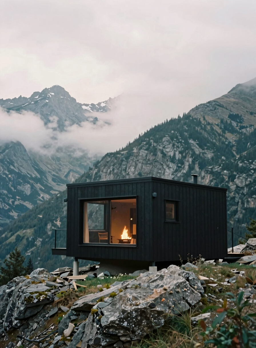Modern black alpine cabin exterior on a rocky ridge, surrounded by mountain peaks and low clouds, overcast light, 35mm film