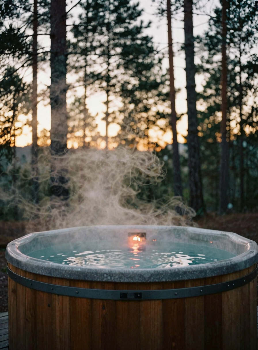 Intimate detail of a wooden hot tub steaming at dusk, surrounded by tall pine trees, warm golden hour light, 35mm film