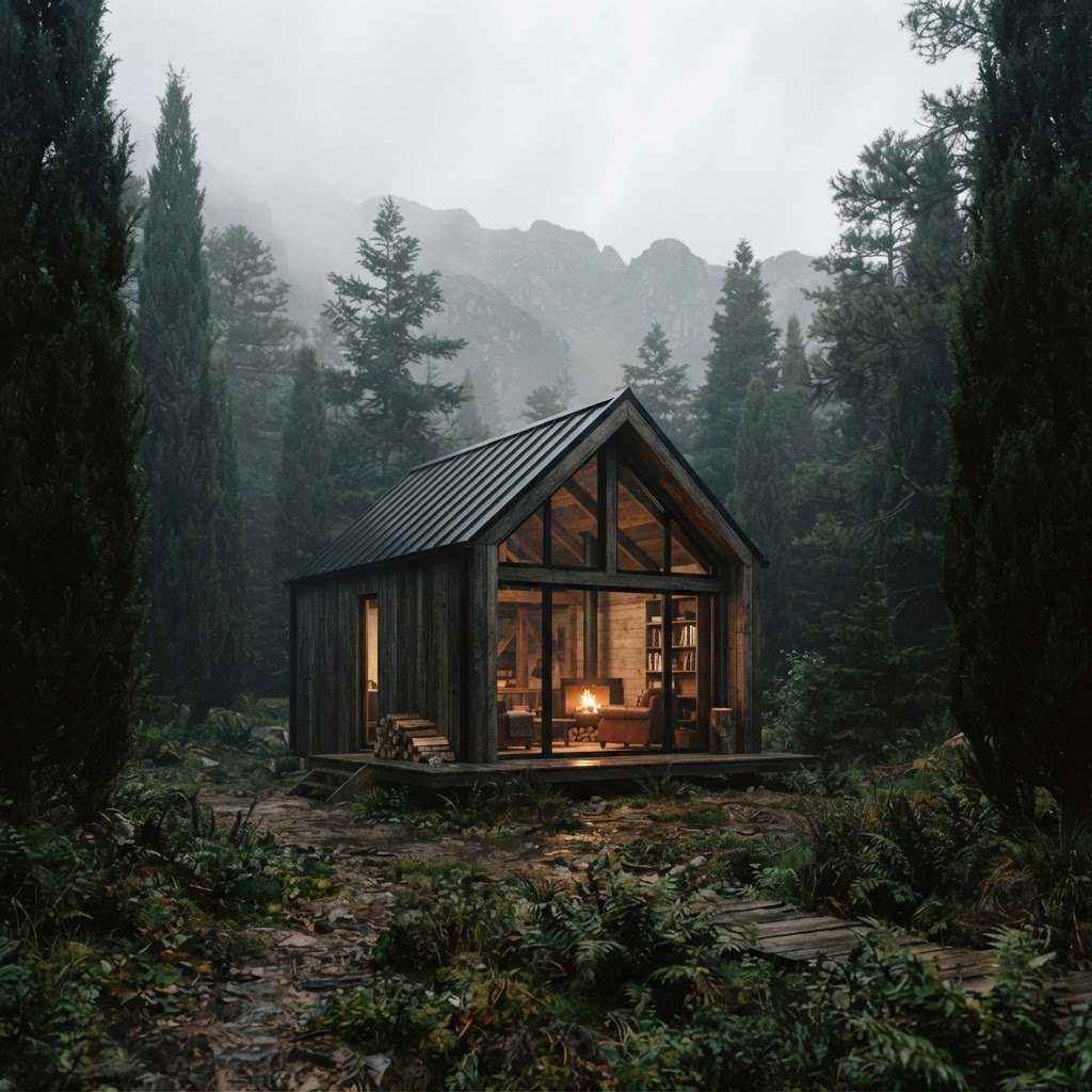 Atmospheric cabin photography, soft overcast daylight, moody forest tones, warm interior firelight, 35mm film, showing a minimalist alpine cabin nestled among tall cypress trees in a misty mountain forest