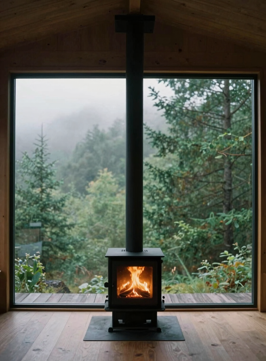 Minimalist cabin interior with large glass window showing misty green forest, warm firelight from a wood stove, 35mm film