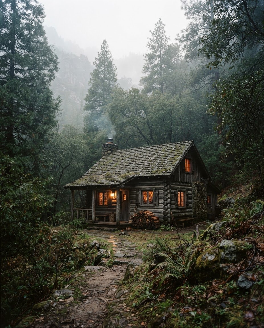 Atmospheric mountain cabin exterior, soft overcast daylight, misty forest of cypress trees, 35mm film photography